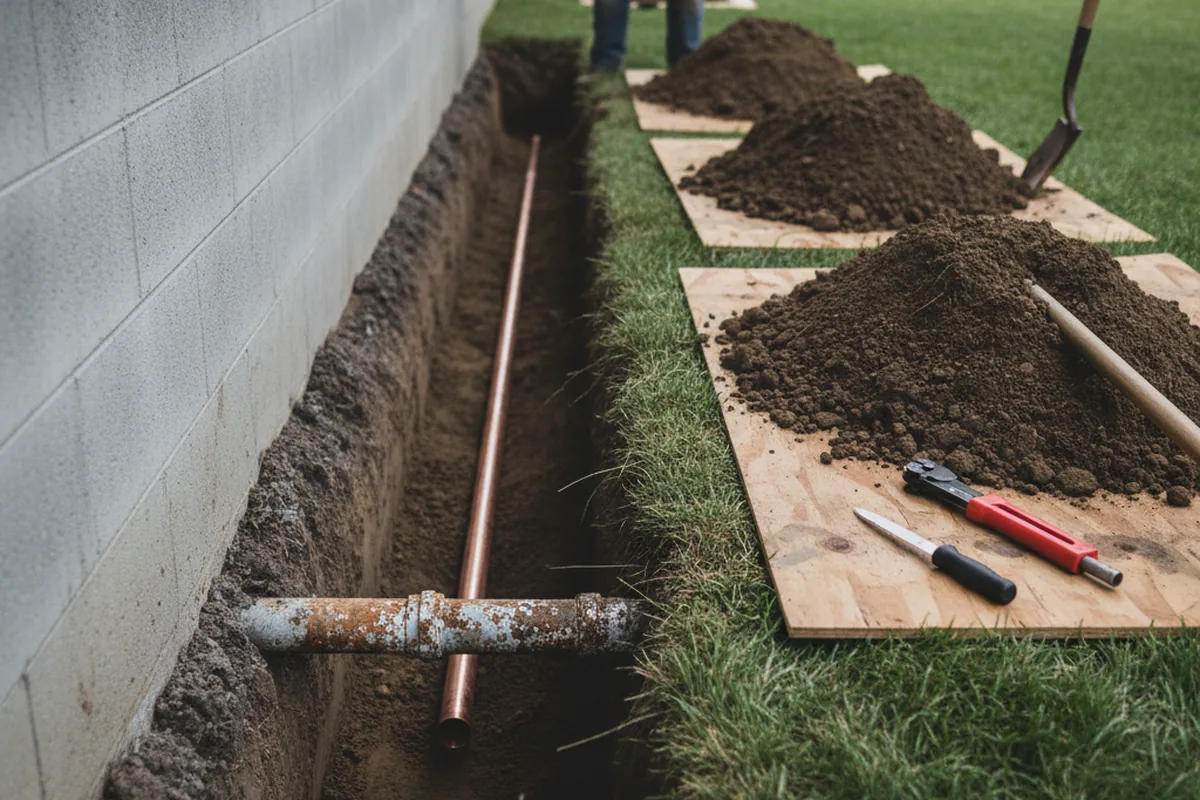 Excavated water line trench during Water Softener Installation in Greenland